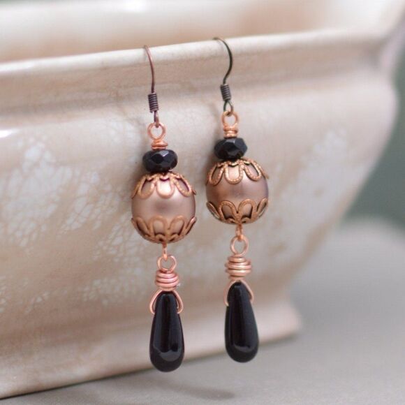 Hand Crafted Jewelry - Black and Copper Pearl Earrings